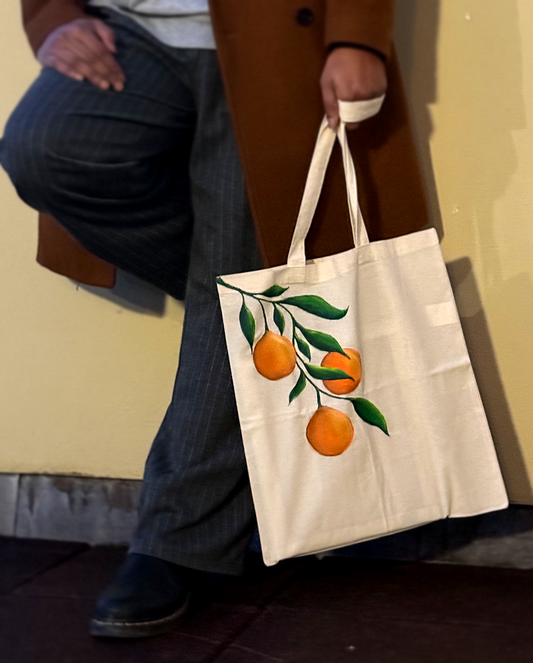 Hand-Painted Orange Branch Tote – White