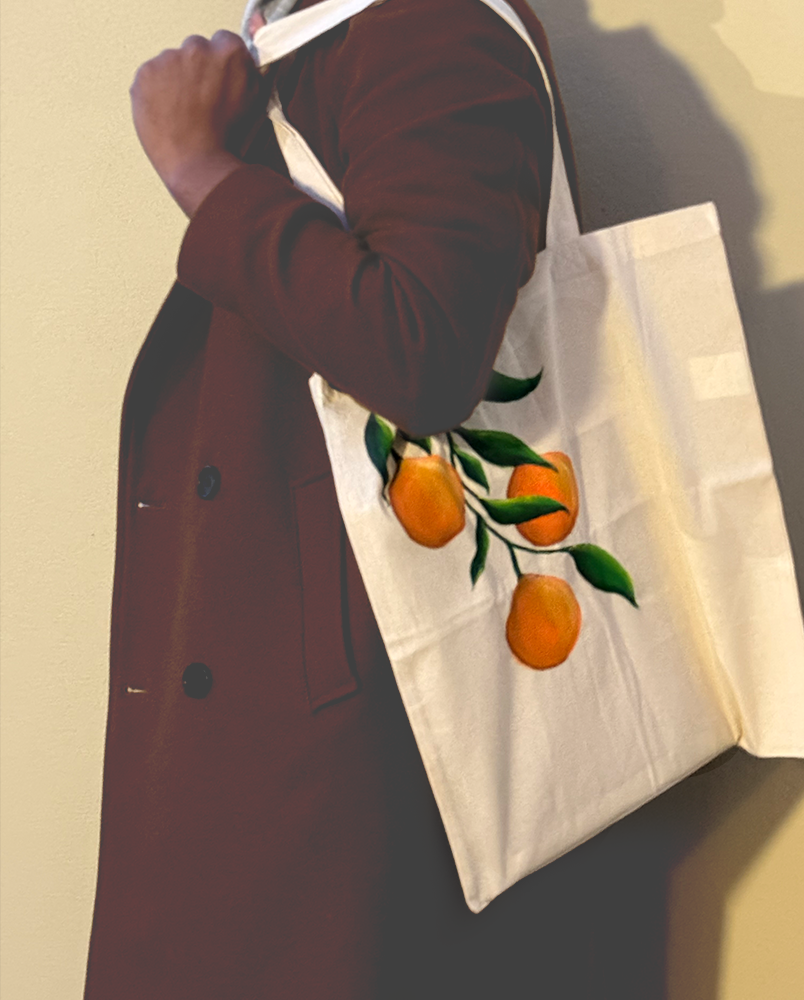 Hand-Painted Orange Branch Tote – White
