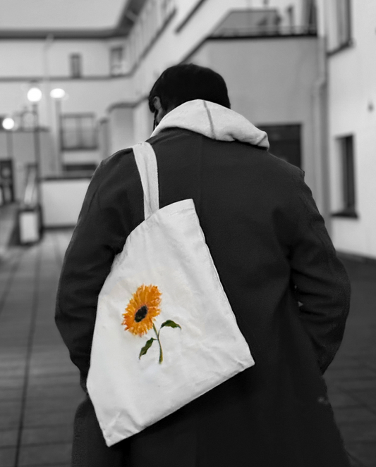 Hand-Painted Sunflower Tote – White