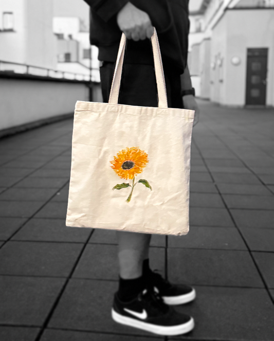 Hand-Painted Sunflower Tote – White