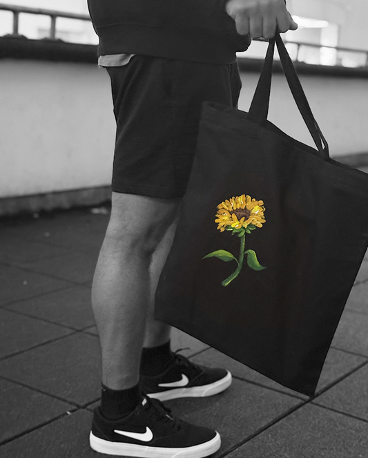 Hand-Painted Sunflower Tote – Black