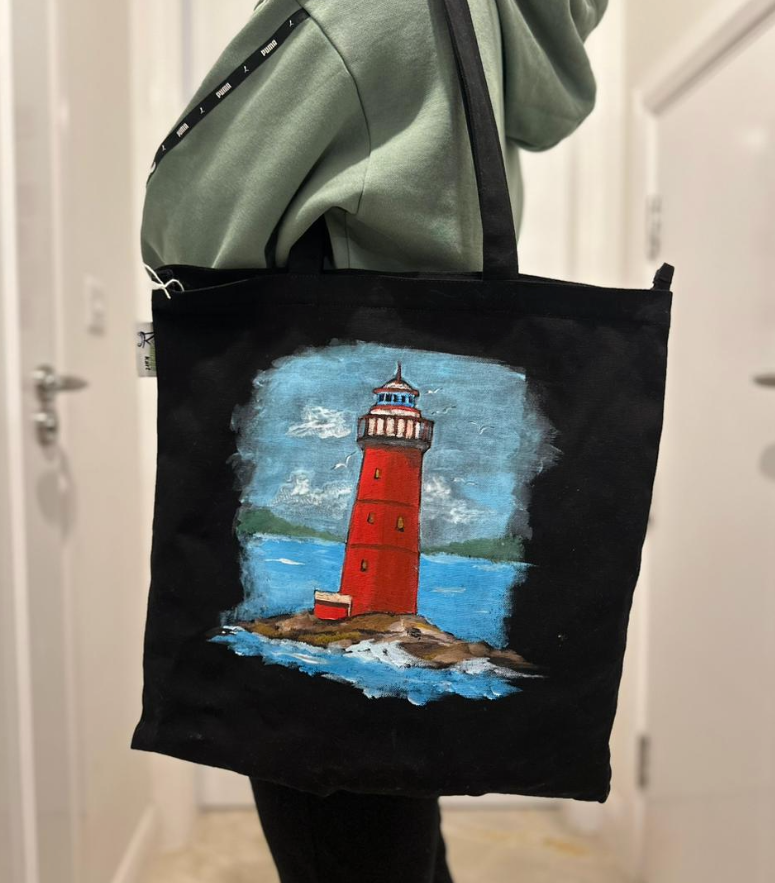 Hand-Painted Lighthouse Tote Bag