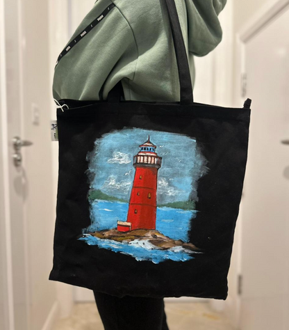 Hand-Painted Lighthouse Tote Bag