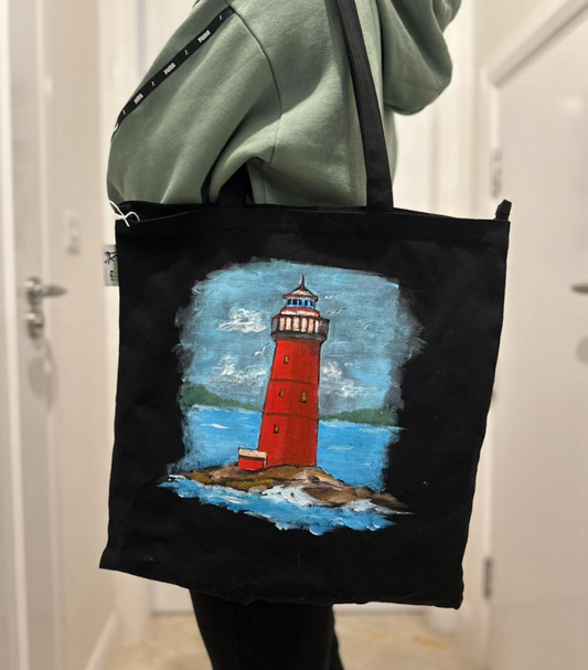 Hand-Painted Lighthouse Tote Bag